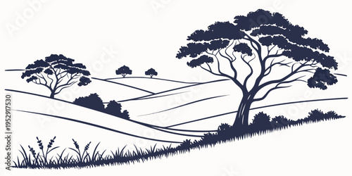 A serene landscape with trees and rolling hills under a clear sky