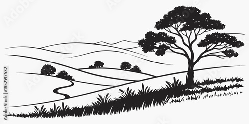 A serene landscape featuring a solitary tree and winding path amidst rolling hills.