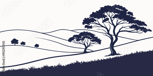 Silhouettes of trees and hills in a serene landscape under a clear sky