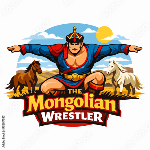 Powerful Mongolian wrestler in traditional attire with open stance against steppe landscape, symbolizing strength, endurance, heritage, nomadic pride, and ancient sporting legacy