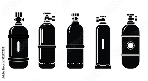Black silhouette icons depicting various styles of gas cylinders
