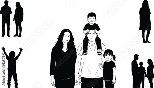 Family silhouettes and line art illustrations of parents children and people in various poses for conceptual graphic design and digital media