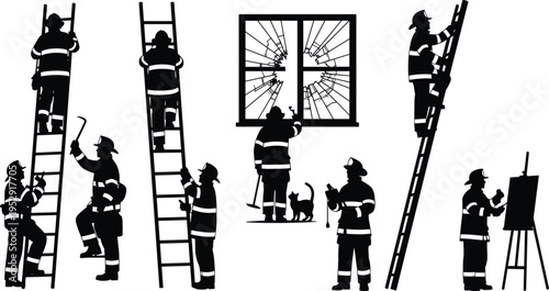 Firefighter Silhouette Vector Set Featuring Rescue Workers Climbing Ladders Breaking Windows Saving Cats and First Responder Icons for Emergency Graphic Design