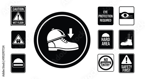 Collection of black and white safety warning signs and protective equipment icons