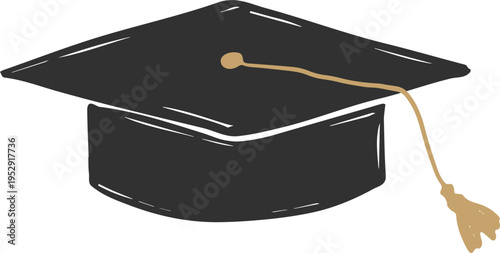 Black graduation cap with golden tassel. Graduation party hand drawn elements series