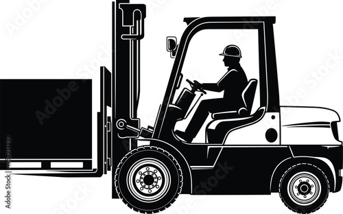 Forklift operator driving industrial reach truck carrying heavy cardboard box on pallet, black and white vector silhouette for logistics warehouse shipping.