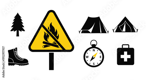 Camping safety warning sign illustrating hazards and essential equipment