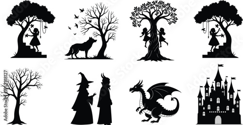 Fantasy silhouette set featuring a dragon, fairy tale castle, witch, wolf, magical trees, and children exploring a mystical enchanted forest.