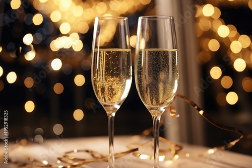 Two glasses of champagne sitting on top of a table. Perfect for celebrations and special occasions
