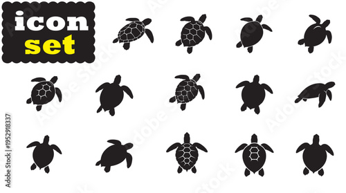 Sea Turtle Silhouette Vector Illustration, Marine Ocean Turtle Icon Set