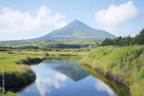 Mount Pico reflecting on the water in Pico Island, Azores, Portugal