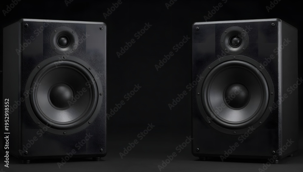 Fototapeta premium Two black speakers stand out against a dark background in a studio shot
