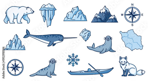 Arctic Animals and Iceberg Icons: Polar Bear, Narwhal, Seal, Fox, Kayak