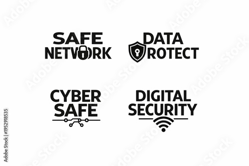 Cybersecurity symbols: safe network, data protect, cyber safe, digital security icons
