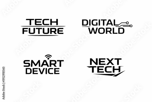Modern tech logos: tech future, digital world, smart device, next tech