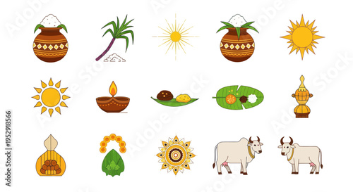 Pongal Festival Icons: Pot, Sugarcane, Sun, Lamp, Cows, Rice, Leaf