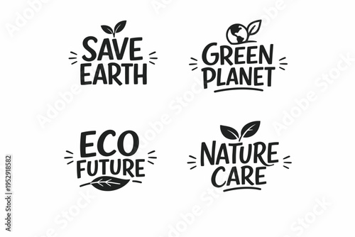 Eco-friendly earth: save earth, green planet, eco future, nature care logos