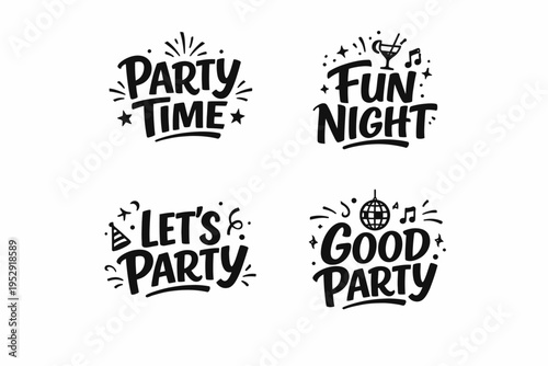 Party-themed typography designs: celebration and fun night graphics