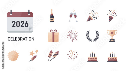New Year 2026 Celebration Icons: Calendar, Champagne, Gifts, Fireworks, Trophy