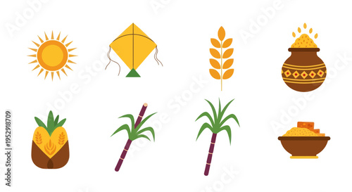 Pongal Festival Icons: Sun, Kite, Sugarcane, Rice, Pot, Pineapple, Harvest Symbols