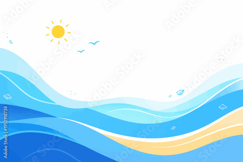 Abstract sunlit ocean waves with birds and sea life in blue and yellow tones