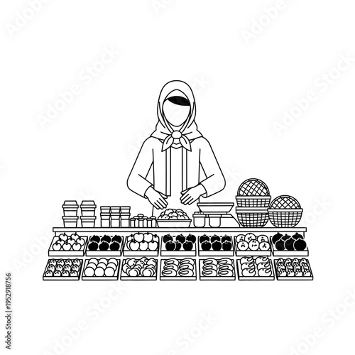 Woman in Hijab Selling Fresh Produce at Market Stall Line Art
