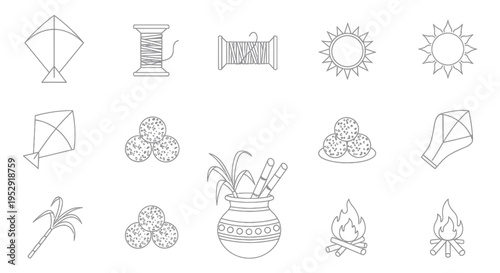 Indian Festival Icons: Kite, Sugarcane, Sweets, Pot, Sun, Fire - Line Art