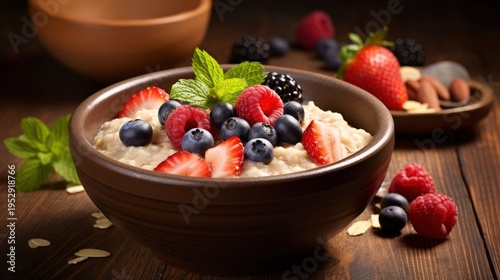 A photo of a bowl of warm oatmeal with fruit toppings.