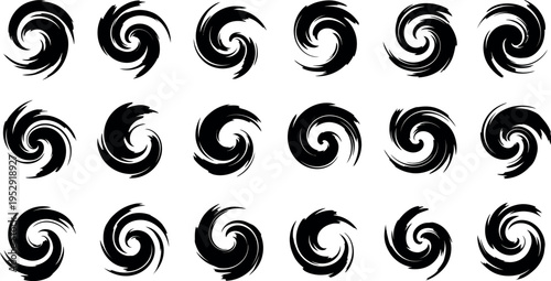 A collection of 18 black swirling patterns on a white background
