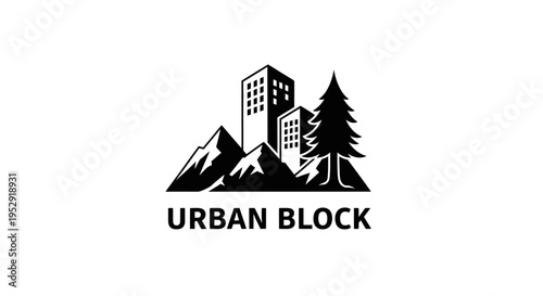 Urban Block Logo: Cityscape Meets Nature with Mountains and Tree