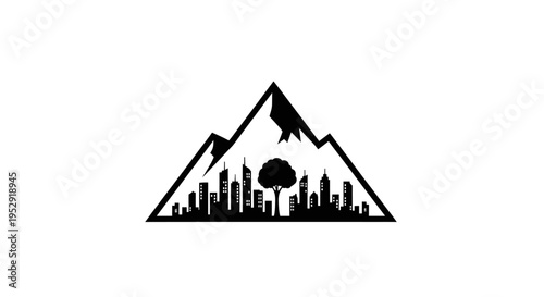 Urban Landscape Silhouette inside Mountain Peak Graphic