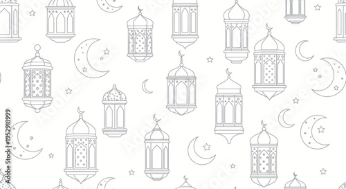 Ramadan Lanterns and Crescent Moons Seamless Pattern - Islamic Holiday Background