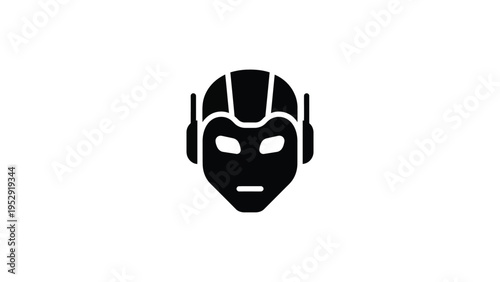 A sleek futuristic robot head with a helmet and ear pieces in black and white