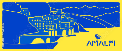 Amalfi coast landscape illustration with Italian Mediterranean summer city houses. Horizontal banner with yellow and blue sea, Positano town tiles and Italy watercolor travel postcard scenery.