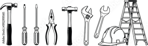 Construction hand tools set, hammer screwdriver pliers wrench hard hat ladder, repair and maintenance equipment, building industry toolkit, professional engineering illustration isolated on white