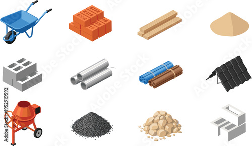 Construction materials and equipment set, bricks sand cement mixer pipes wood wheelbarrow, building supplies collection, industrial construction elements, 