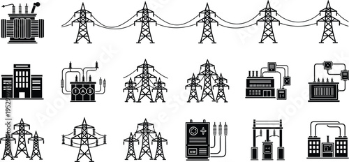 Electric power transmission icons set, high voltage towers, transformers and substations, electricity distribution network, industrial energy infrastructure, 