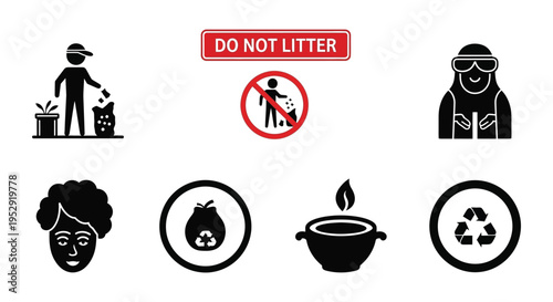 Black silhouettes depicting people objects and a do not litter sign