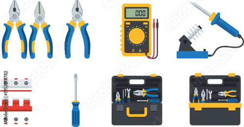 Electrical tools and equipment set, pliers multimeter soldering iron screwdriver toolkit, wiring and repair instruments, professional electrician kit, maintenance 