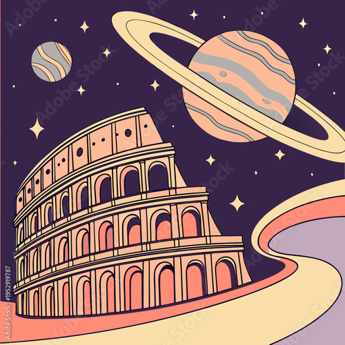 Surreal space scene with ancient roman colosseum and planets against starry sky, retro style, celestial body
