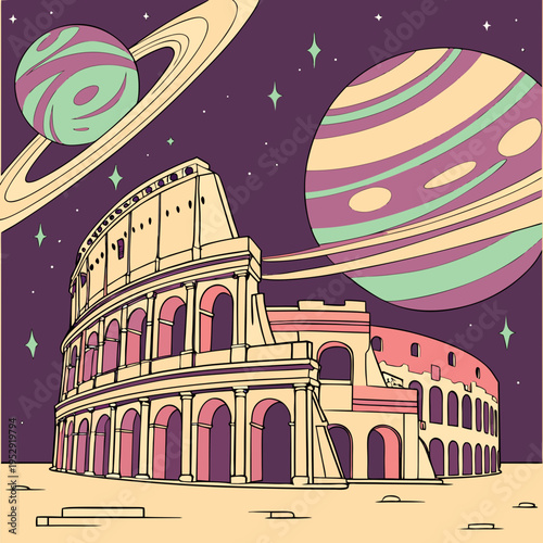 Stylized colosseum artwork in a surreal cosmos with planets and ringed celestial body, retro color palette, night sky