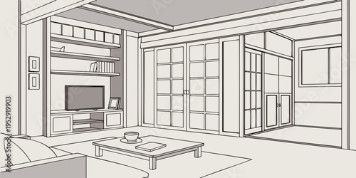 A beautifully designed bedroom with built-in wardrobes and a cozy seating area