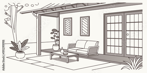 A serene living room with sliding doors leading to a lush garden