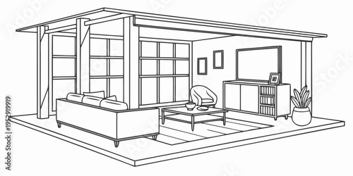 A cozy and modern living room with a fireplace and large windows