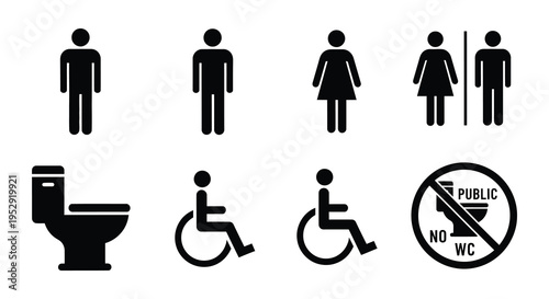 Black silhouettes depict restroom signs accessibility symbols and a toilet