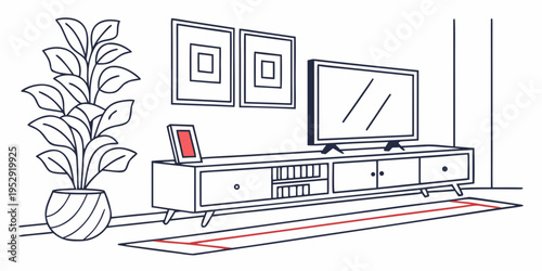 Modern living room with a large television and a potted plant