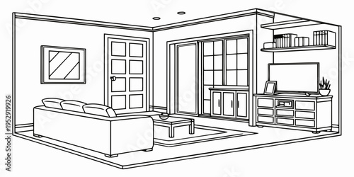 Modern living room with large windows and a cozy fireplace