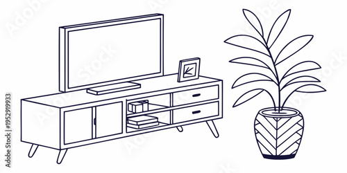A modern living room setup with a television, cabinet, and a potted plant