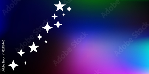 Colorful cosmic backdrop with shimmering star elements arranged in a diagonal line on a bold multi-colored dark gradient background perfect for celebration posters and digital wallpapers.