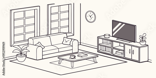 A cozy living room with a television, couch, and a large window overlooking a balcony